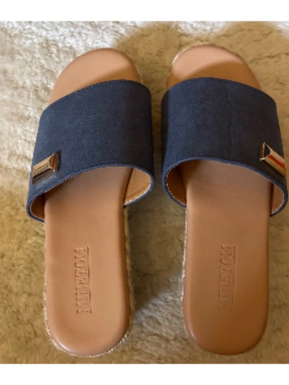 Denim Slide Platform Sandals with Gold Accent